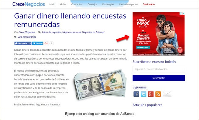 ejemplo de un blog con anuncios